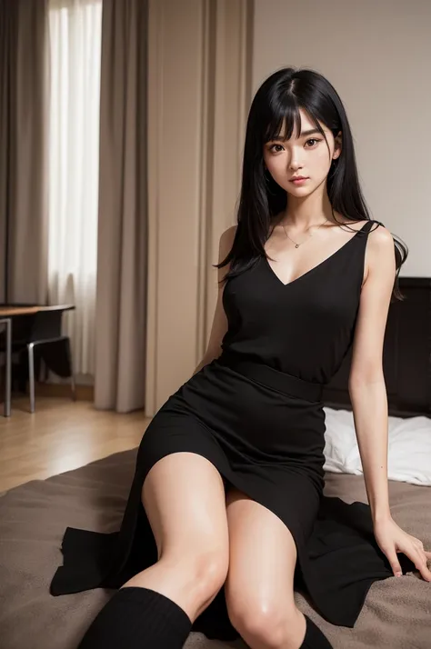 pretty Woman,Caucasian skin,straight black hair,Long black dress,brown socks,Room at the back. she is on the side.