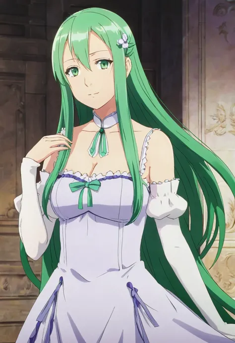 Crusch Karsten de Re Zero, long green hair, wearing a dress without any long gray details marking the body