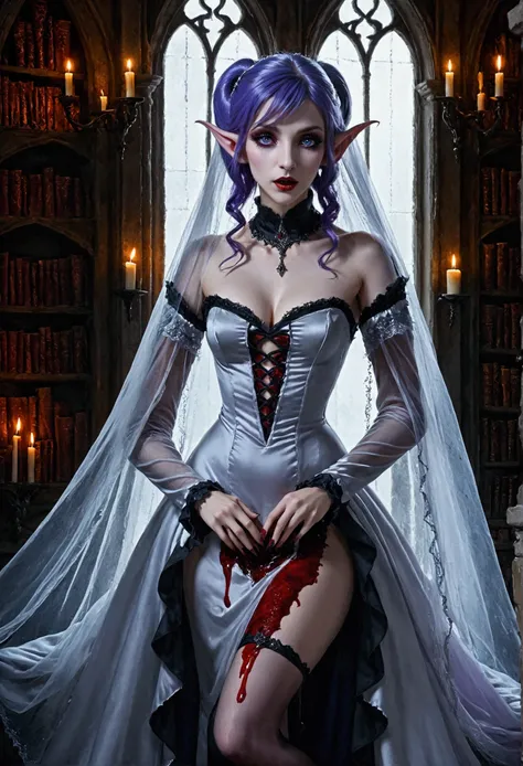 arafed a picture of elf vampire in her castle. an exquisite beautiful female elf vampire (ultra details, Masterpiece, best quality), full body, bloody mouth, purple hair, pale skin, hair in a ponytail, long hair, blue eyes, (small pointed ears: 1.2), cold ...