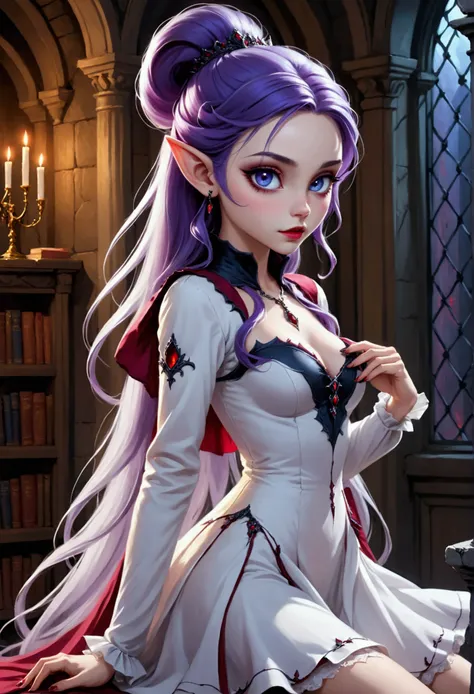 arafed a picture of elf vampire in her castle. an exquisite beautiful female elf vampire (ultra details, Masterpiece, best quality), full body, bloody mouth, purple hair, pale skin, hair in a ponytail, long hair, blue eyes, (small pointed ears: 1.2), cold ...