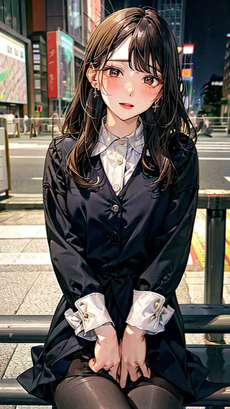 Masterpiece,quality,High resolution,高quality,Realistic,Long Hair,pantyhose:1.5,Button-down shirt,Black jacket,5,Earrings,Earrings,Leaning against the guardrail,Spread your legs:1.5,Embarrassed face,Skyscrapers in the background,crowd:1.5,Fair skin,night, r...