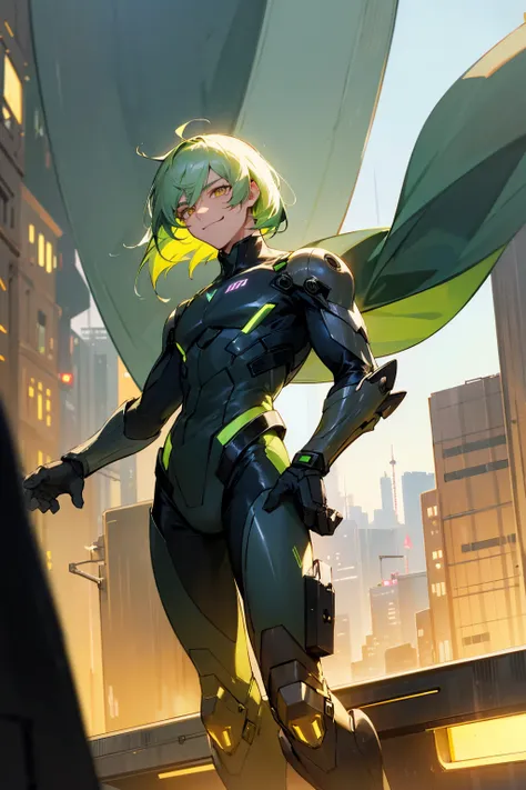 1male, light green hair, medium length hair, yellow eyes, grinning, black super suit, metallic suit, city background, detailed background, detailed face, standing, walking on path, hands to side