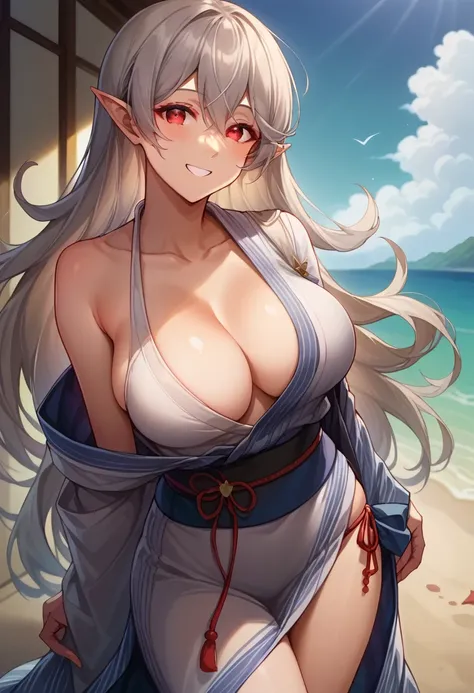 score_9, score_8_superior,Beach during daytime with bright sun、breast enhancement、looking at the camera、One Woman,Are standing, Very long hair、Grey Hair、Red Eyes、Pointed Ears、 very thick legs、barefoot、smile、Fascinating face、kimono、yukata