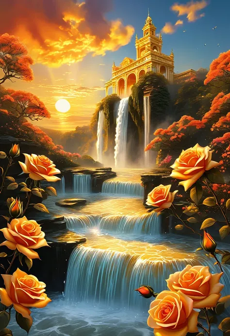 ((gold-color theme)), ((sunset, gold-color sky)), surrealism, majestic roses rises into the sky, and cascading ((waterfalls with orange-color water))