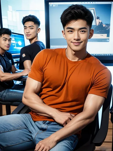 man , Brown t-shirt, jeans, black short hair , outdoor , cute smile , หน้าhandsomeแบบเกาหลีสมจริง , modest muscles , Masterpiece、High resolution、Surreal、detailed face、alone、man、Glowing skin、(Asia)、handsome、(Sitting in the computer room:1.5)