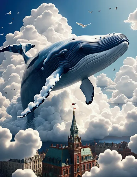 (((A colossal whale made of marshmallow-like white clouds))), (((whales body entirely covered in fluffy white clouds))), (((soaring through the sky))), dreamy world, flying in the sky, iron towers on the ground, (birds-eye view:1.3), (best quality, 8k, hig...