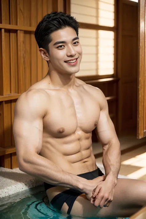 young man 20 years old , (ทรงผมแบบ Crew Cut: 1.3 ), black hair, short hair details, burly handsome man , shirtless ,White swimming trunks with large bulges, strong, handsome, outdoor, Take a steam shower., hot spring, Onsen, sweat, look at the audience., d...