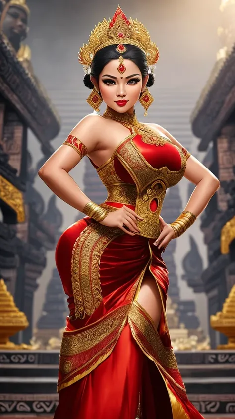 Create a striking and cinematic photo featuring a curvaceous Indonesian woman, 30 years old, tall sexy body, detailed eyes, clear eyes, voluptuous smile, perfect make-up, flushed face, red lips, shiny lips, perfect nose, (wearing an Ancient Indonesian Java...