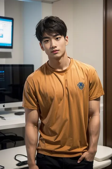 a young asian man stands, handsome, muscular, looking at the camera. in a plain brown t-shirt, in the computer room