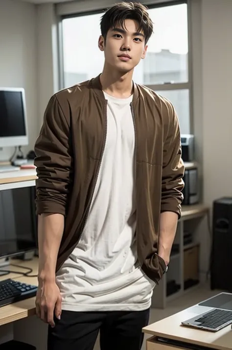 A young Asian man stands, handsome, muscular, looking at the camera. In a plain brown t-shirt, In the computer room