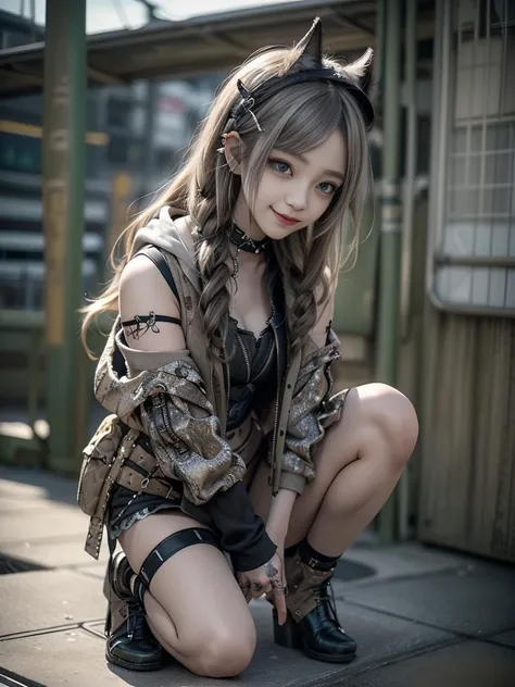 (Side view:1.1)、(Smiling with teeth showing:1.3),(Shibuya Gal:1.5)、(Beautiful:1.5)、(Neo-goth fashion:1.5)、(Punk RockVisual Kei:1.5)、(An off-the-shoulder hoodie in khaki and brown with delicate silver accessories.:1.5)、(A corset with a delicate beige and br...