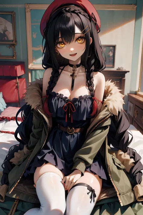 (masterpiece:1.2), (high quality:1.2), girls with((1girl, solo, black hair, yellow eyes, smiling, (wavy long hair, wearing a red...