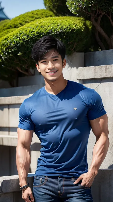 man , Blue t-shirt, jeans, black short hair , outdoor , cute smile , หน้าhandsomeแบบเกาหลีสมจริง , modest muscles , Masterpiece、High resolution、Surreal、detailed face、alone、man、Glowing skin、(Asia)、handsome、tall building background