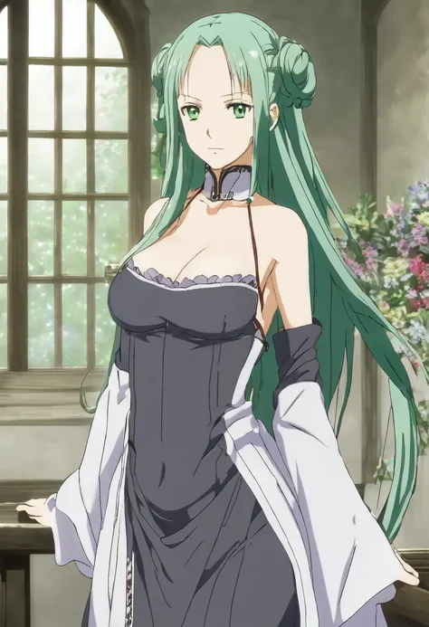 Crusch Karsten de Re Zero, long green hair, wearing a long gray erotic dress marking the body