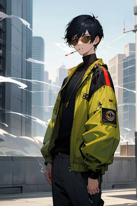 1male, short buzzcut hair, black aviators, multi colored hair, smoking cigarette, baggy modern clothing, relaxed expression, city background, detailed background, detailed face, standing, walking on path, hands to side