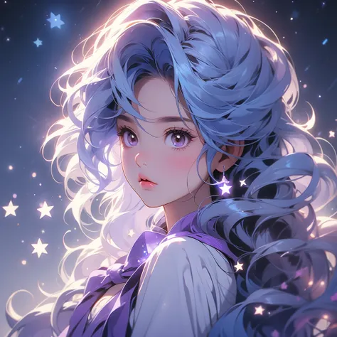 A girl with long blue hair and brown eyes with a star as a pupil , accompanied by a purple fox. 