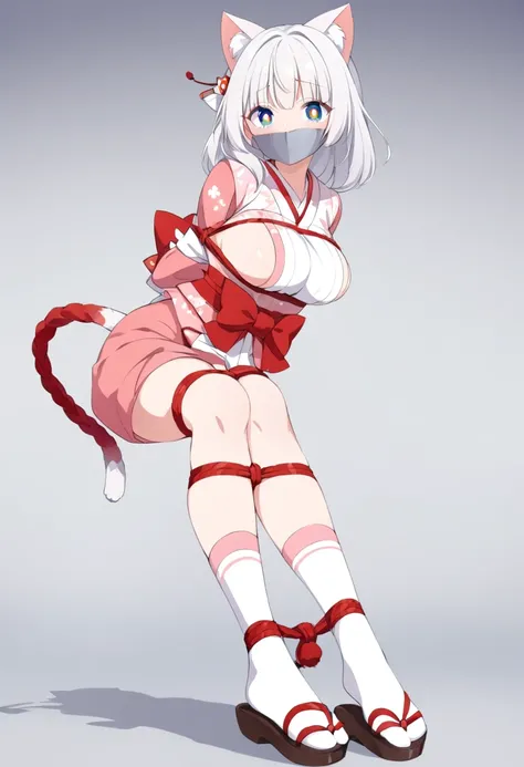 score_9, score_8_up, source_anime, 1girl, solo,The image shows another character design from a video game or animated series. This character is a young woman with short white hair adorned with cat-like ears and a red bow. She is wearing a colorful, traditi...