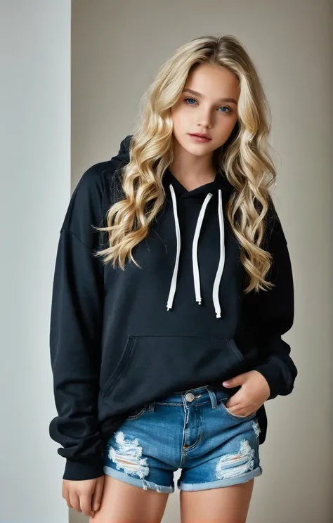 Sexy girl with silver eyes, wavy hair, blonde in black hoodie and blue jean 
shorts, whole body cuved, 13 years old ,in a room