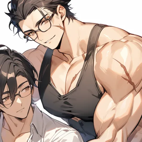 Male, black hair, hair parted in the middle, a scar on the right cheek, brown eyes, no shirt, muscular, large chest Wear glasses