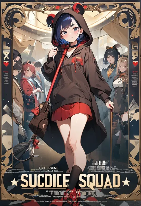 (masterpiece, best quality,ultra highres), (movie poster art,title of "Suicide Squad"),In the center of the poster,heroine girl in posing,(16yo,(darkblue wavy-short hair),thick eyebrows,middle small breasts),(wearing "rat catcher" costume),(Brown hooded ro...