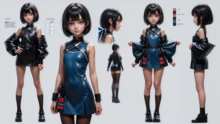 cute japanese girl in a short gaming dress , short hairs , black hairs, blue dress, gaming , smiling face, short dress full straight standing pose, 14yo student, Character Sheet, Full body, modern girl, games girl, Simple white background, character refere...