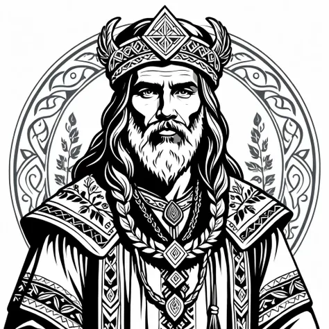 hungarian druid in nordic folk outfit, vector graphics, strong contours
