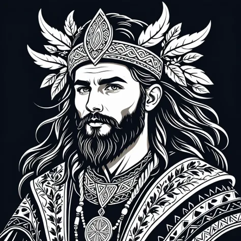 hungarian druid in nordic folk outfit, vector graphics, strong contours
