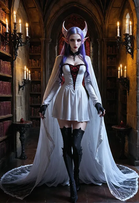 arafed a picture of elf vampire in her castle. an exquisite beautiful female elf vampire (ultra details, Masterpiece, best quality), full body, bloody mouth, purple hair, pale skin, hair in a ponytail, long hair, blue eyes, (small pointed ears: 1.2), cold ...