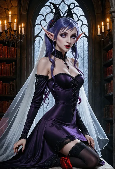 arafed a picture of elf vampire in her castle. an exquisite beautiful female elf vampire (ultra details, Masterpiece, best quality), full body, bloody mouth, purple hair, pale skin, hair in a ponytail, long hair, blue eyes, (small pointed ears: 1.2), cold ...