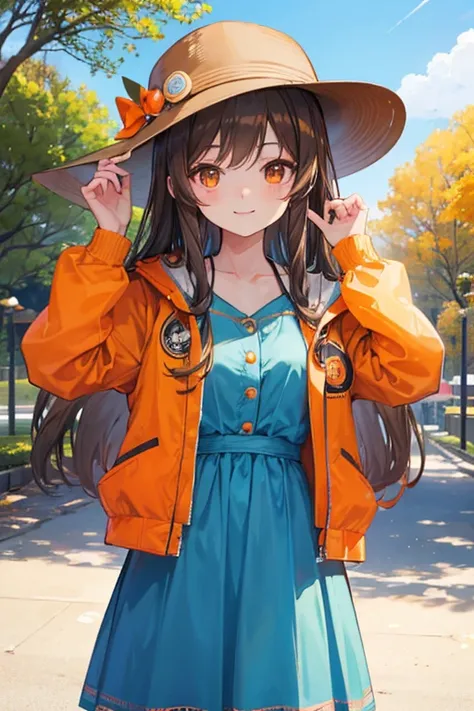 A cute anime girl with long brown hair, wearing a hat and an orange jacket, smiling with her hand on her cheek, set against a sunny outdoor background."