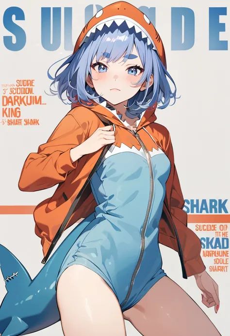 (masterpiece, best quality,ultra highres), (movie poster art,title of "Suicide Squad"),In the center of the poster,heroine girl in posing,(16yo,(darkblue wavy-short hair),thick eyebrows,middle small breasts),(wearing "king shark" costume),(shark kigurumi),...