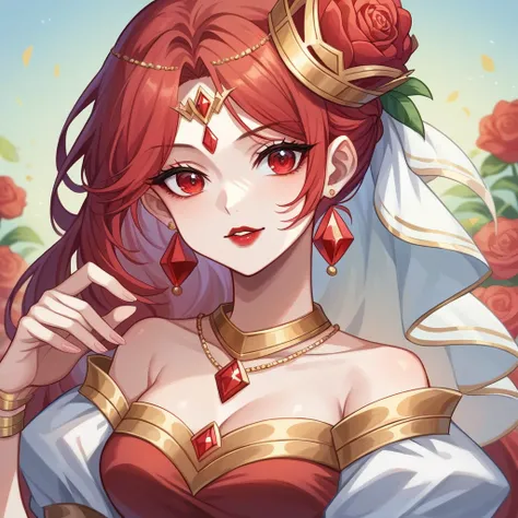 majapahit princess, with red hair, red eyes, wearing golden crown with red diamond and jasmine flower, wearing gold necklace with red diamond and flower, wearing pinkish purple kebaya with flower motive and gold, wearing white selendang, wearing brown bati...