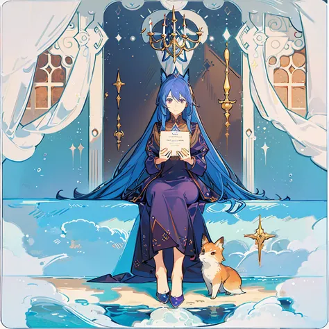 A girl with long blue hair and brown eyes with a star as a pupil , accompanied by a purple fox. 