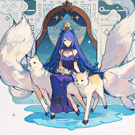 A girl with long blue hair and brown eyes with a star as a pupil , accompanied by a purple fox. 