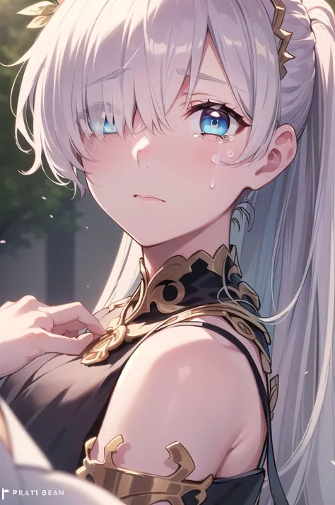 (((ponytail)))),((),fgo anastasia,(((()))), ((Both arms are tied behind their backs))blue eyes, Grey Hair, Hair between the eyes, (Hair on one eye:1.5), Long Hair, bangs,Exposed shoulders,Beautiful eyes like jewels,((((((Portrait of a single person)))))),(...