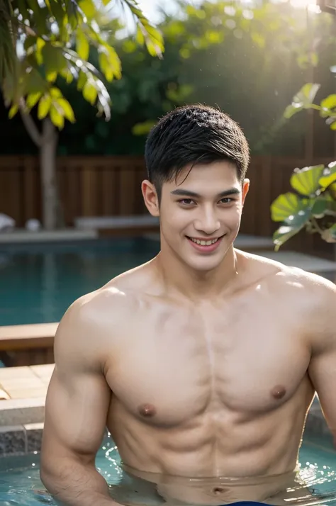 young man 20 years old , (ทรงผมแบบ Crew Cut: 1.3 ), black hair, short hair details, burly handsome man , shirtless ,White swimming trunks with large bulges, strong, handsome, outdoor, Take a steam shower., hot spring, Onsen, sweat, look at the audience., d...