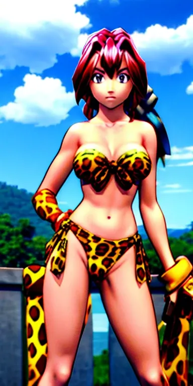 Monica, with her amazing figure, is standing there glaring at us in a leopard print bikini.。