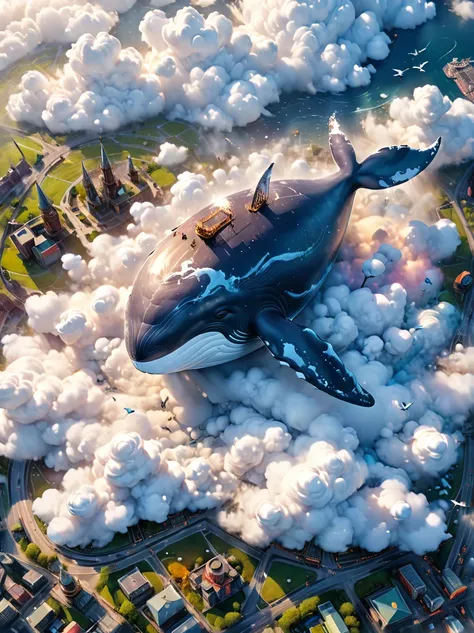 (((A colossal whale made of marshmallow-like white clouds))), (((whales body entirely covered in fluffy white clouds))), (((soaring through the sky))), dreamy world, flying in the sky, iron towers on the ground, (birds-eye view:1.3), (best quality, 8k, hig...