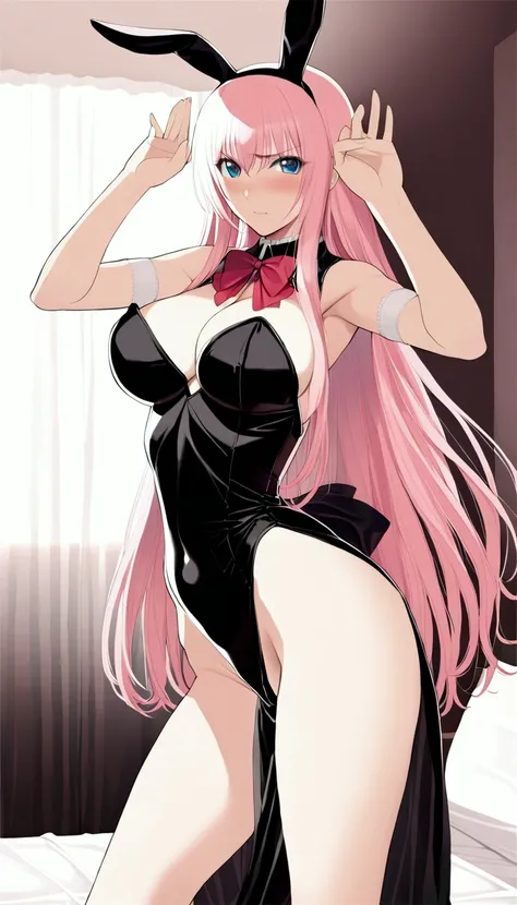 Masterpiece,Beautiful adult woman ,Megurine Luka,Big Breasts,Bunny girl,High leg black outfit,Pink long hair,blue eyes,Embarrassed expression,blush,Sexy々A pose,Bedroom,Complete human body