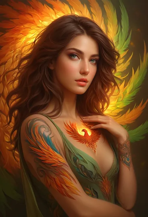 (best quality, 4k, 8k, high resolution, masterpiece: 1.2), ultra-detailed, (ultra-realistic, photorealistic, photorealistic: 1.37) a beautiful young brunette with a complex and colorful phoenix tattoo on her arm, 18 years old, Beauty amazing, intricate det...