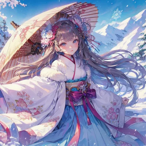  masterpiece, (textured skin), best quality, gorgeous beautiful, (a beautiful girl,yukionna,japanese snow fairy),detailed clothes,large breasts,narrow waist,, (beautiful face), cinematic lighting, (fantasy anime art ),