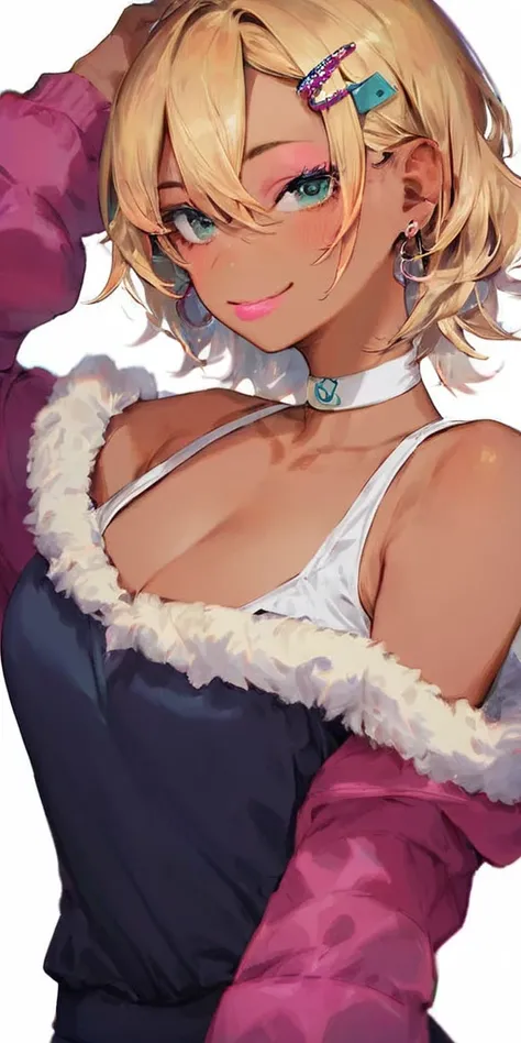 Score_9, score_8_up, score_7_up, score_6_up,  gyaru, source_anime, 1girl, solo, white background,  brick wall backdrop, upper body, looking at viewer, BREAK, earrings, BREAK, thin pink lips, tanned skin, pink makeup, fur trim, bare shoulders, off shoulder,...