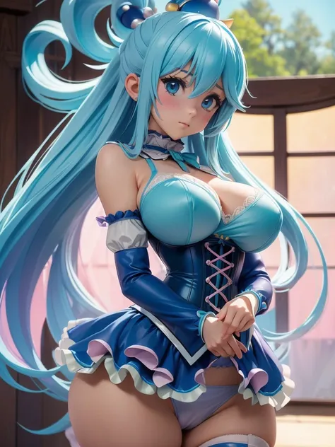 Aqua Konosuba, realistic, (piece of art:1.4, best quality specialist), (details), Обои Unity 8K, ultra detailed, (pastel shades:1.3), (lace) underwear and corset, beautiful and aesthetically pleasing, 1 girl, detailed, standing alone, Victorian mansion, an...