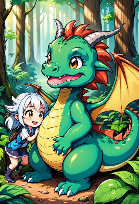 cute and friendly dragon with his friend in the forest, no core, only strokes, ultra detailed, 8k