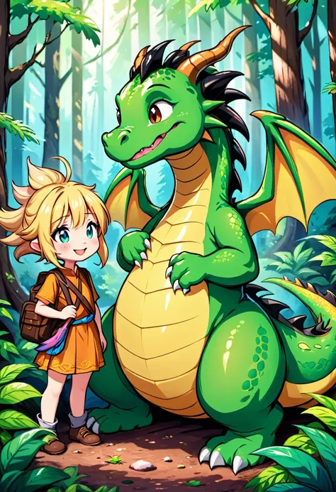 cute and friendly dragon with his friend in the forest, no core, only strokes, ultra detailed, 8k