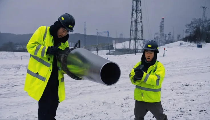 Two 20-year-old men working on a pipeline，Wearing black cotton jacket，（Yellow safety helmet:1.5)，Asian，Huge pipe，Use a large wrench，A huge valve that opens half the screen，A huge valve that takes up half of the screen，Painful expression，With cap，Night，Nigh...