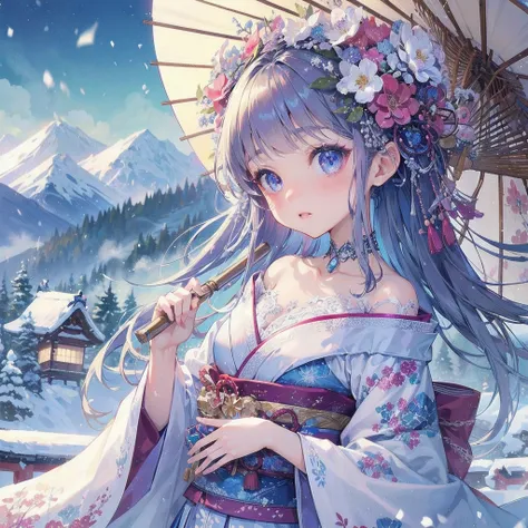  masterpiece, (textured skin), best quality, gorgeous beautiful, (a beautiful girl,yukionna,japanese snow fairy),detailed clothes,large breasts,narrow waist,, (beautiful face), cinematic lighting, (fantasy anime art ),