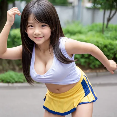 Asian cute girl, 8 years old, a little kid, with T-shirt and short skirt, big breasts, baby face, tiny kid, tiny body, short arms, short legs, bending forward, exposing her cleavage, solo, smile, close up photo