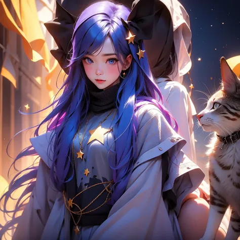 A girl with long blue hair and brown eyes with a star as a pupil , accompanied by a cat that is purple. 