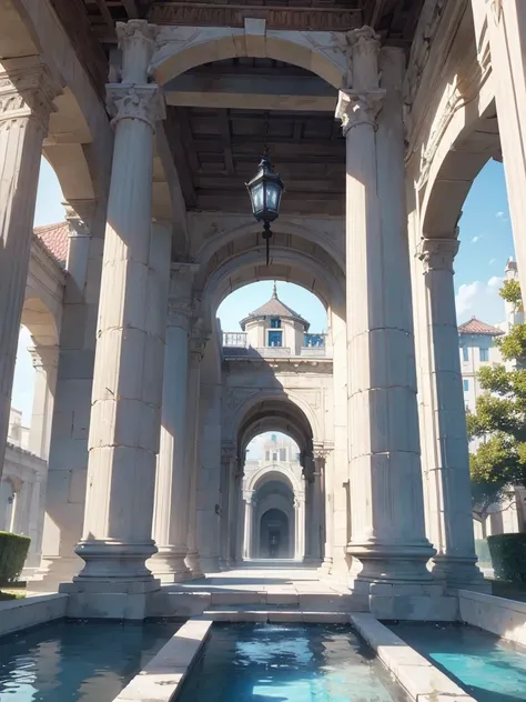 An immense castle made of white marble, Greek columns with vines, cyan blue terracotta roofs, huge French windows, gray stone patio with flower garden and fountains, black wooden gates. Chinese and European style.